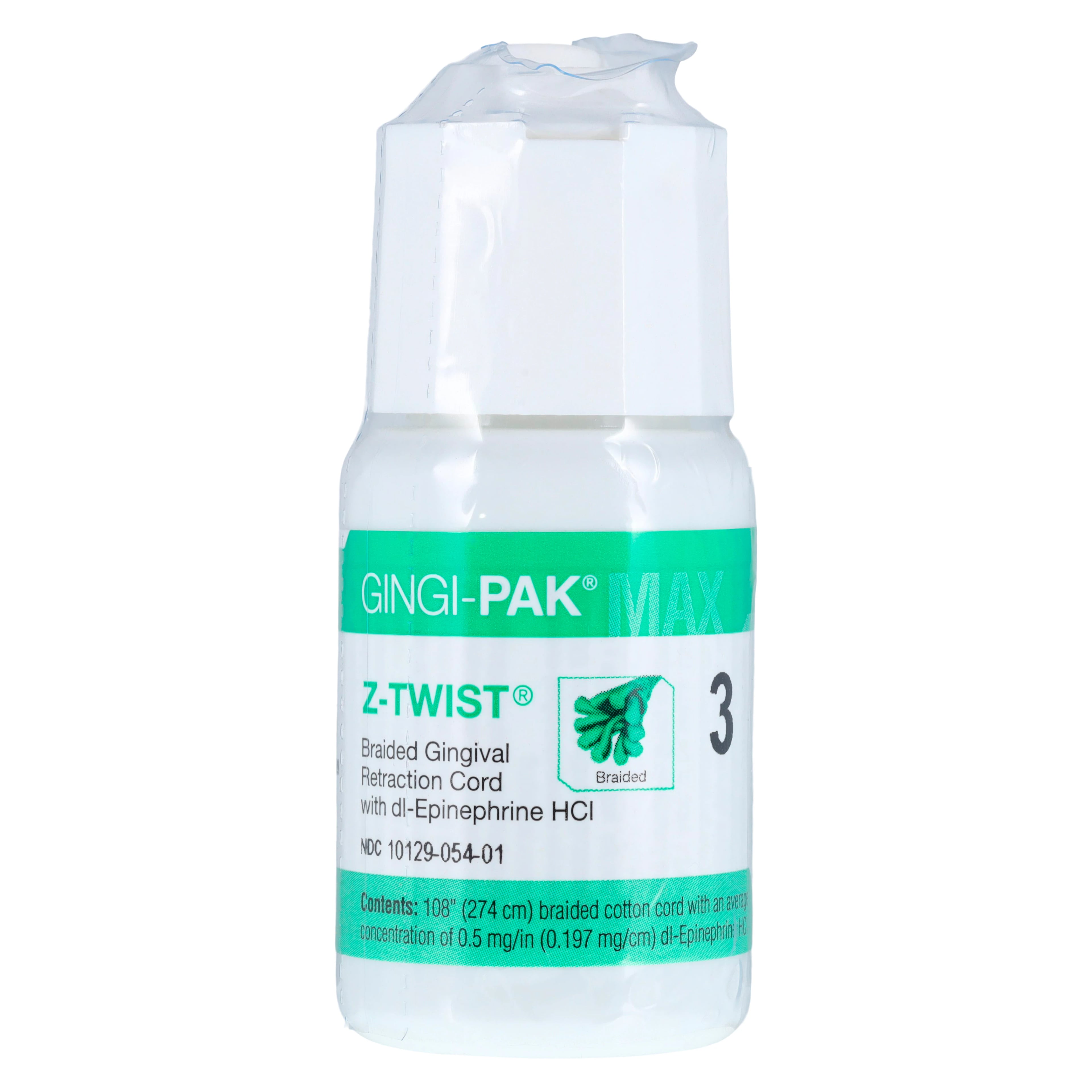 Gingi-Pak Max Z-Twist Retraction Cord with DL-Epinephrine HCl, Size #3 Thick, 108" per Bottle, #10173M