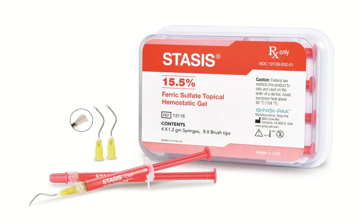 Stasis Hemostatic Gel Syringe, 15.5% Ferric Sulfate, 1.2 mL Syringes (4/Pack) with 8 Brush Tips, Item #0046AA
