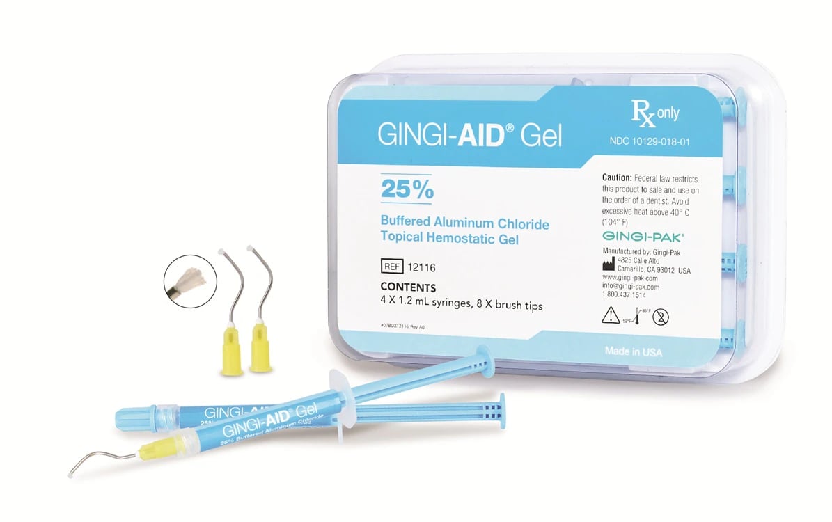 Gingi-Aid 25% Buffered Aluminum Chloride Hemostatic Gel Syringe Kit, 1.2 mL x 4 Syringes with 8 Brush Tips