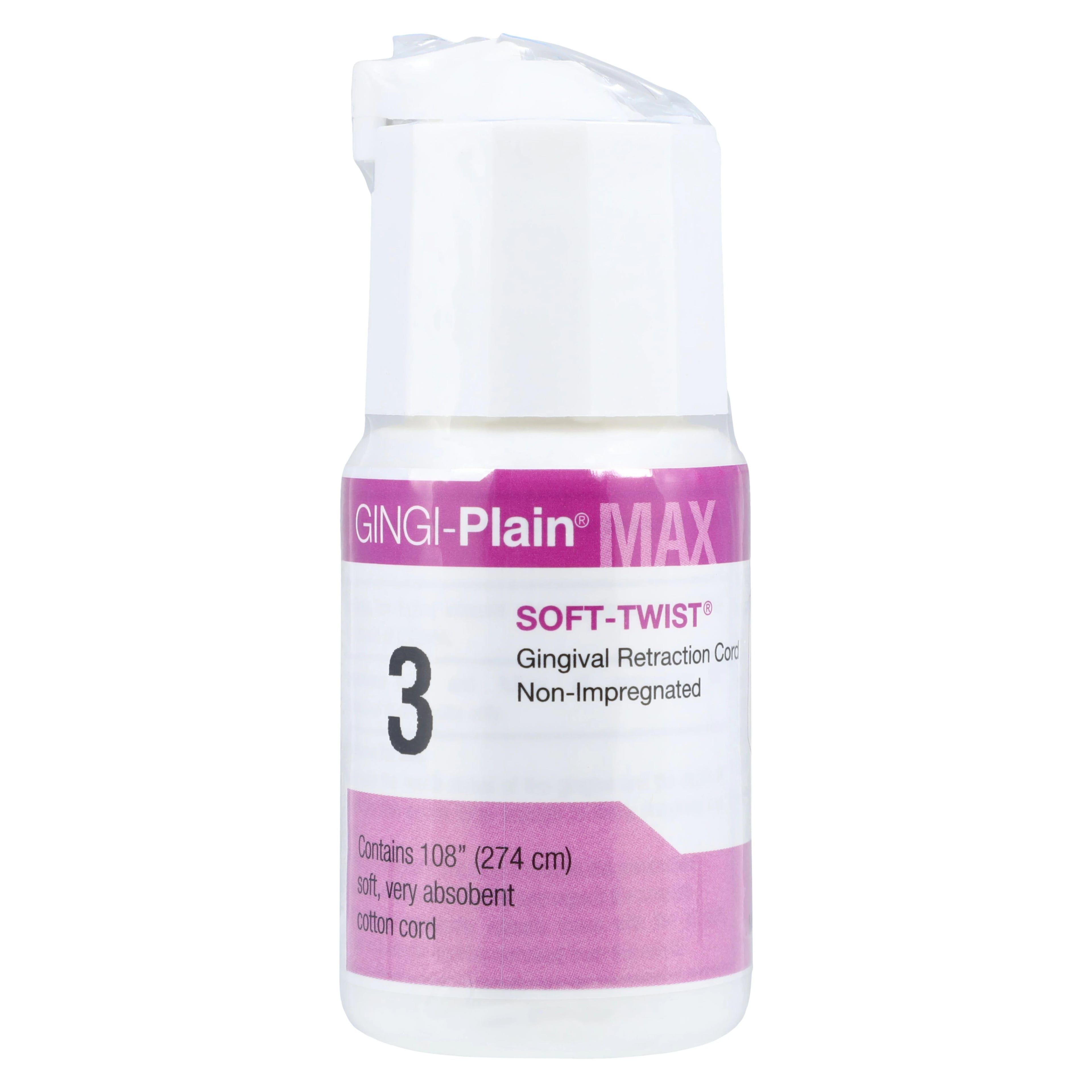 Gingi-Pak MAX Soft-Twist Gingi-Plain Retraction Cord, Non-Impregnated, Size #3 (Thick), 108" per Bottle, #11115M