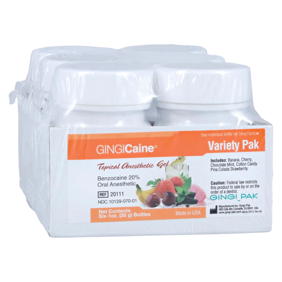 Gingi-Pak GINGICaine Topical Anesthetic Gel, 20% Benzocaine, Variety Pack (6 Flavors), 1 oz Jars, 6/Pk, 20111