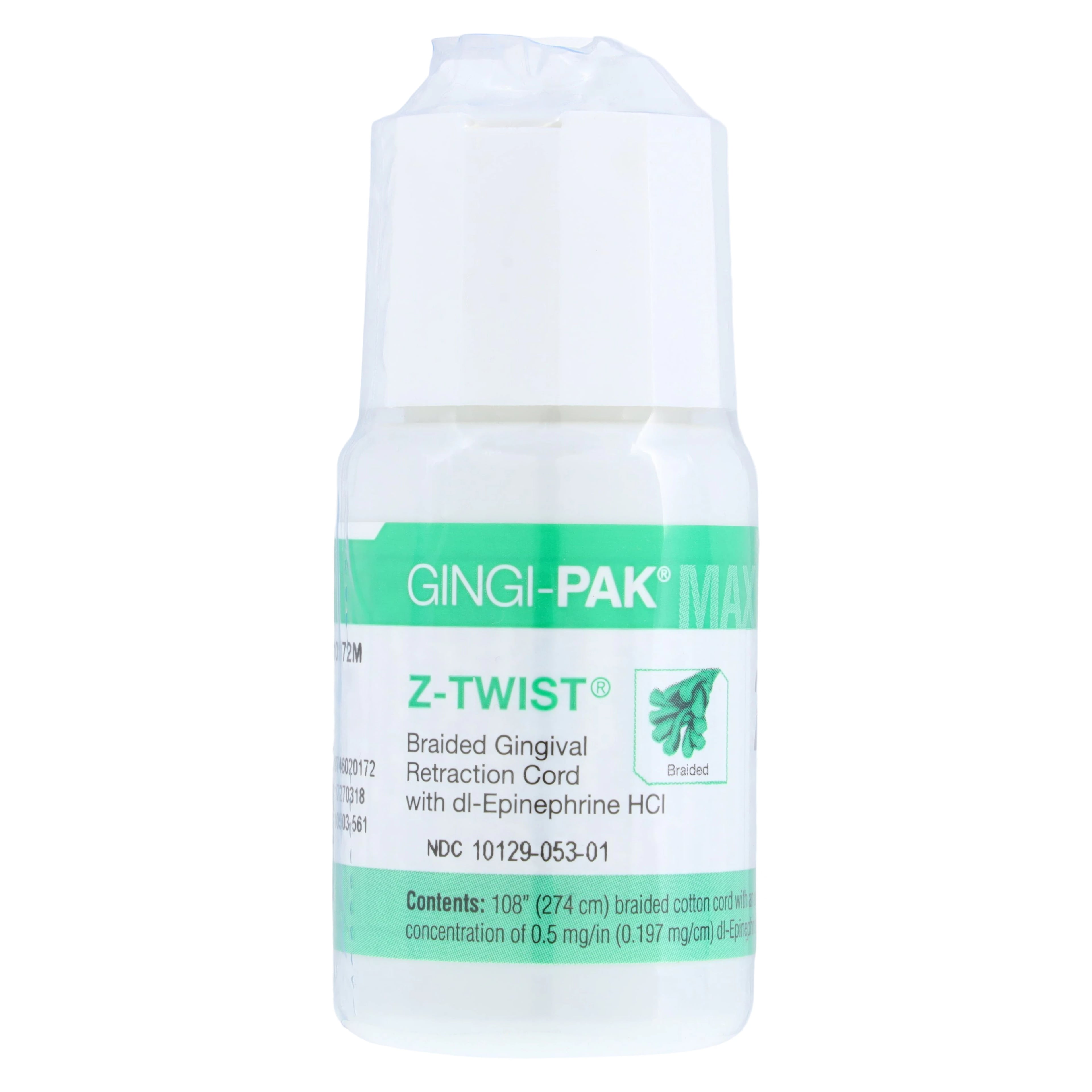 Gingi-Pak Max Z-Twist Weave Medicated Retraction Cord with DL-Epinephrine HCl, #2 Medium, 100% Cotton, 108" Bottle, 10172M
