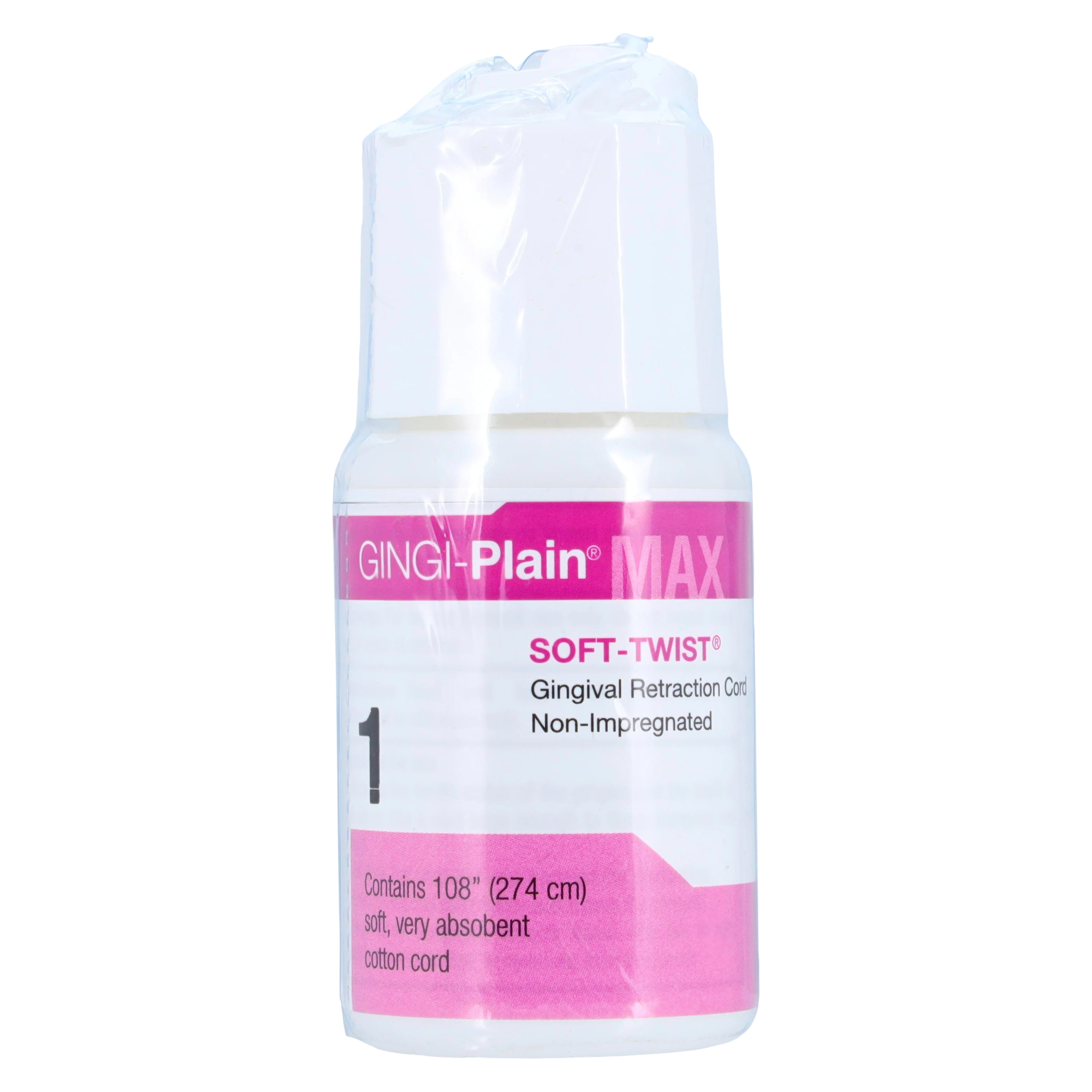 Gingi-Pak MAX Soft-Twist Gingi-Plain Retraction Cord, Non-Impregnated, Size #1 (Thin), 100% Cotton, 108" per Bottle, 11105M
