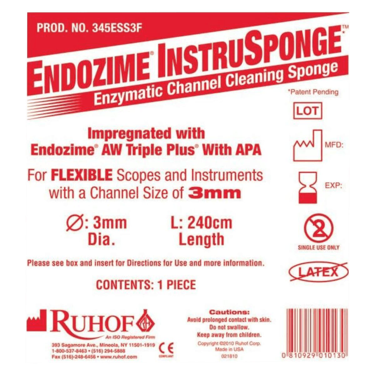 Endozime Instrusponge 3F Enzymatic Sponge, 3 mm, 8 ft, 100/Case