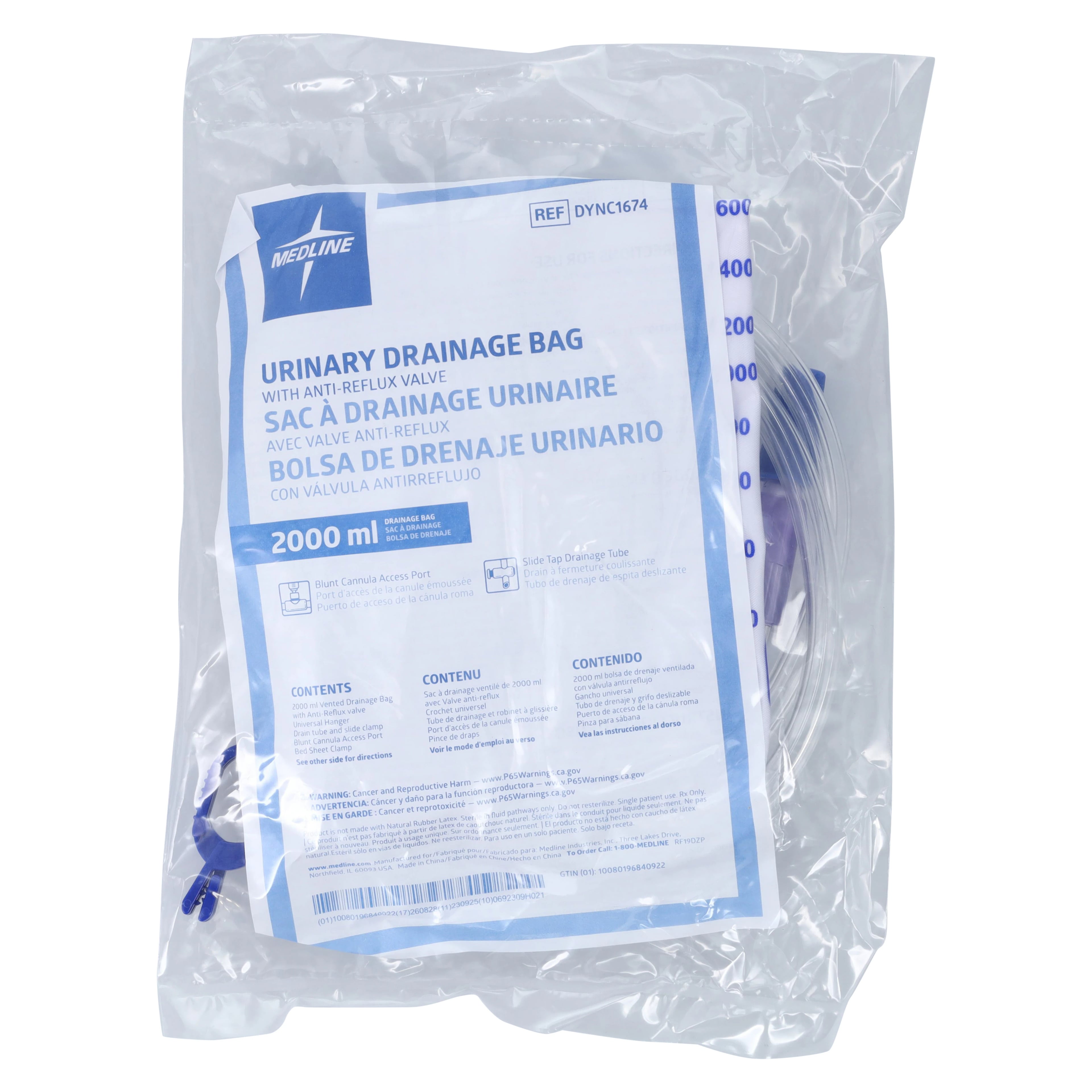 Medline DrainBag Urinary Drainage Bag, 2000cc, Disposable, Anti-Reflux Valve