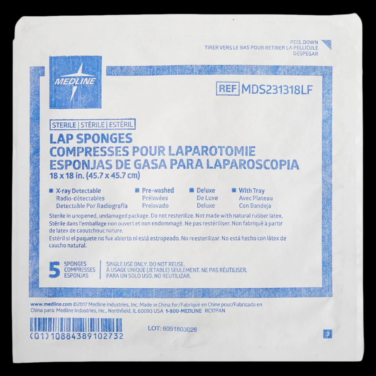 Medline Pre-Washed Laparotomy Sponge, 18x18", Sterile, X-Ray Detectable, Cotton, White