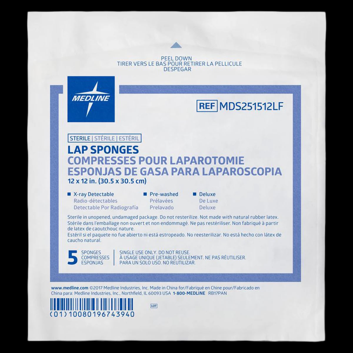 Medline Pre-Washed Laparotomy Sponge, 12x12", Sterile, X-Ray Detectable, Cotton, White