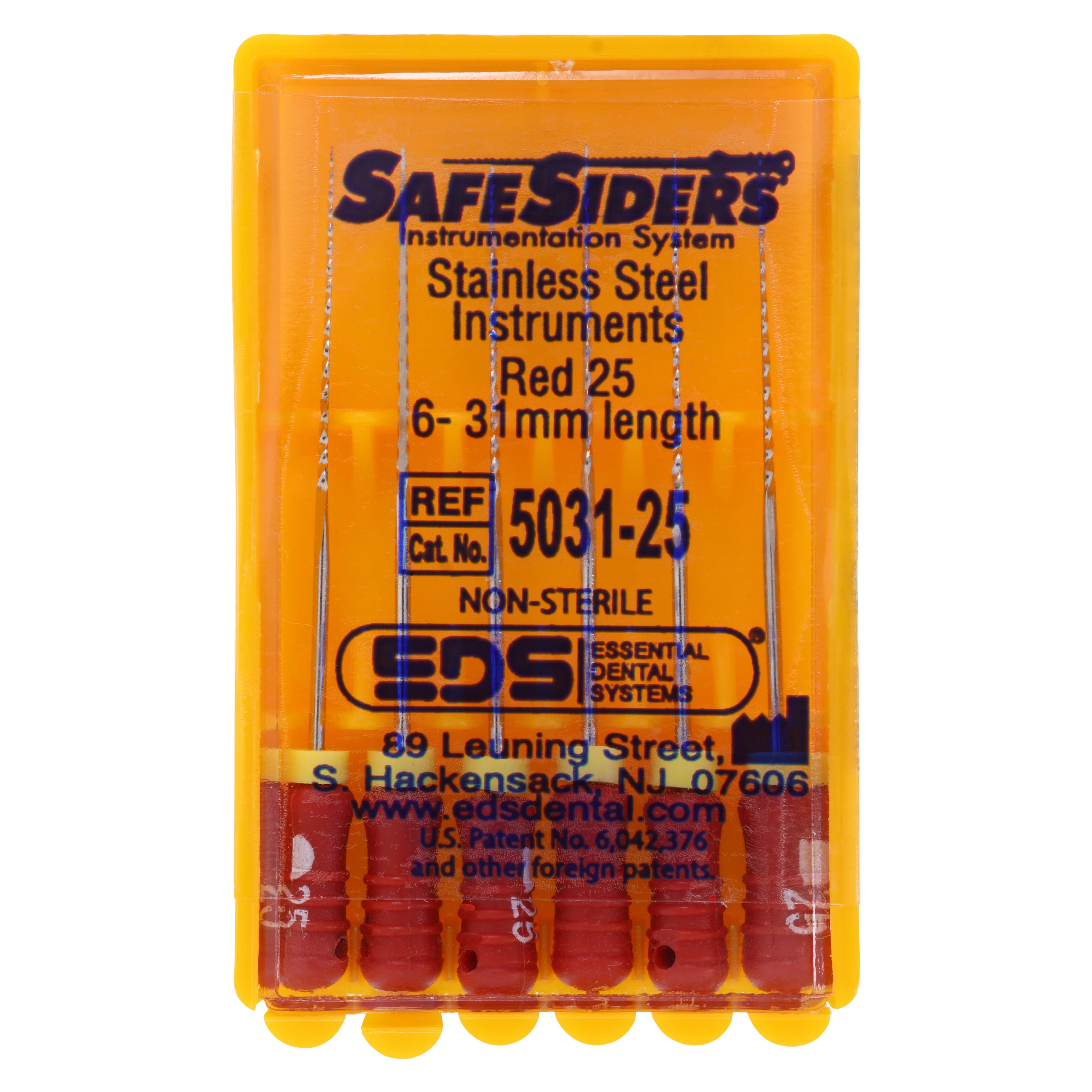 SafeSiders Endodontic Hand Reamers, 31 mm, 0.02 Taper, Size #25, Red, Stainless Steel, 6/Pkg, 5031-25