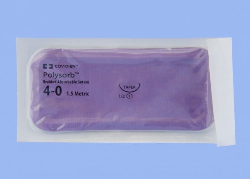 Medtronic Polysorb Absorbable Suture, 4-0, 30", V-20 Taper Point 1/2 Circle Needle 26mm, Coated Violet, 36/Case