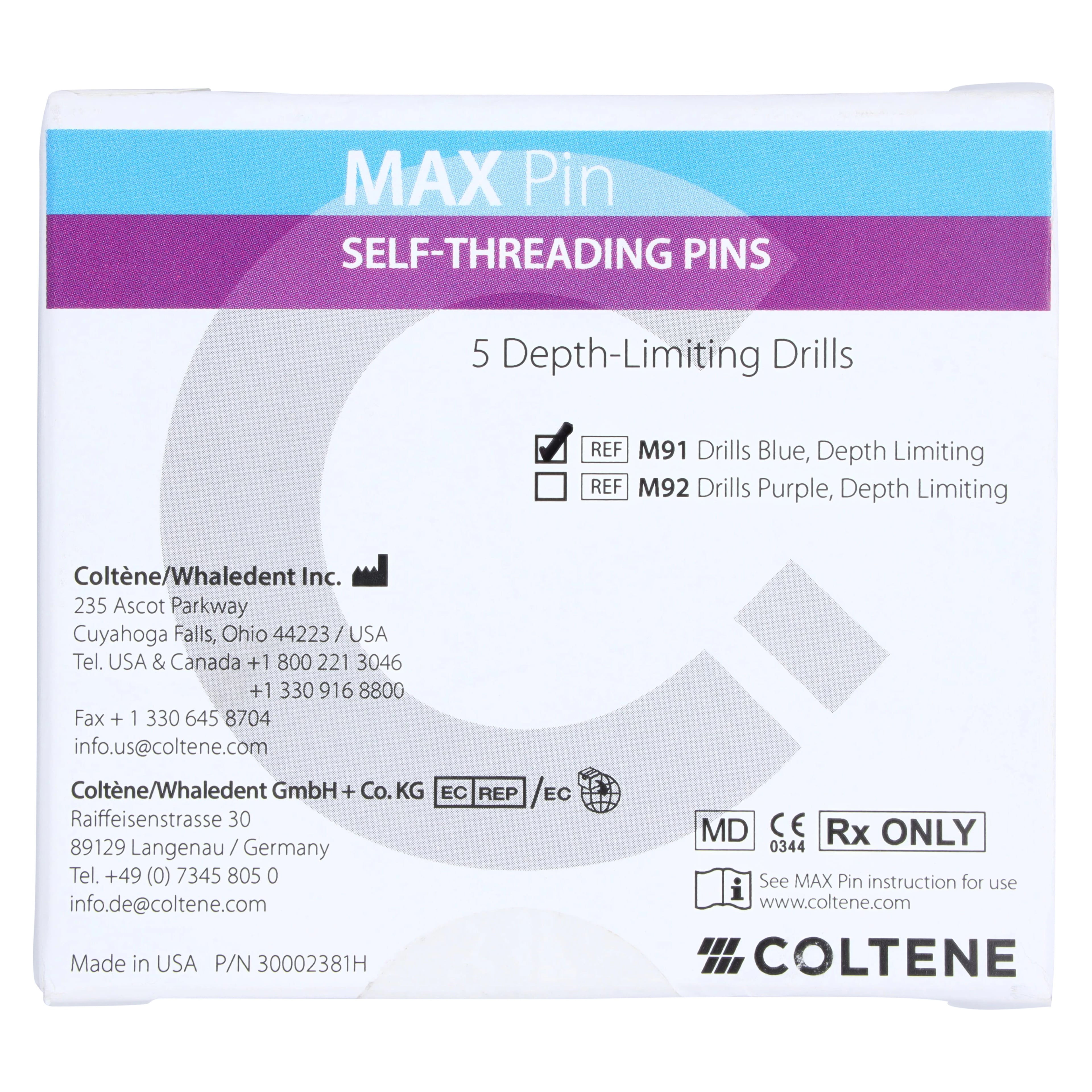 Max M-91 Restorative Pin Drills, Blue, Depth-Limiting, 0.017" x 0.075" (0.425 x 1.9 mm), 5/Pk