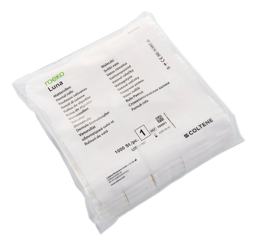 Roeko Luna Dental Cotton Rolls, Size #1 (1 1/2" x 5/16"), Non-Sterile, White, 1000/Bag, 104001