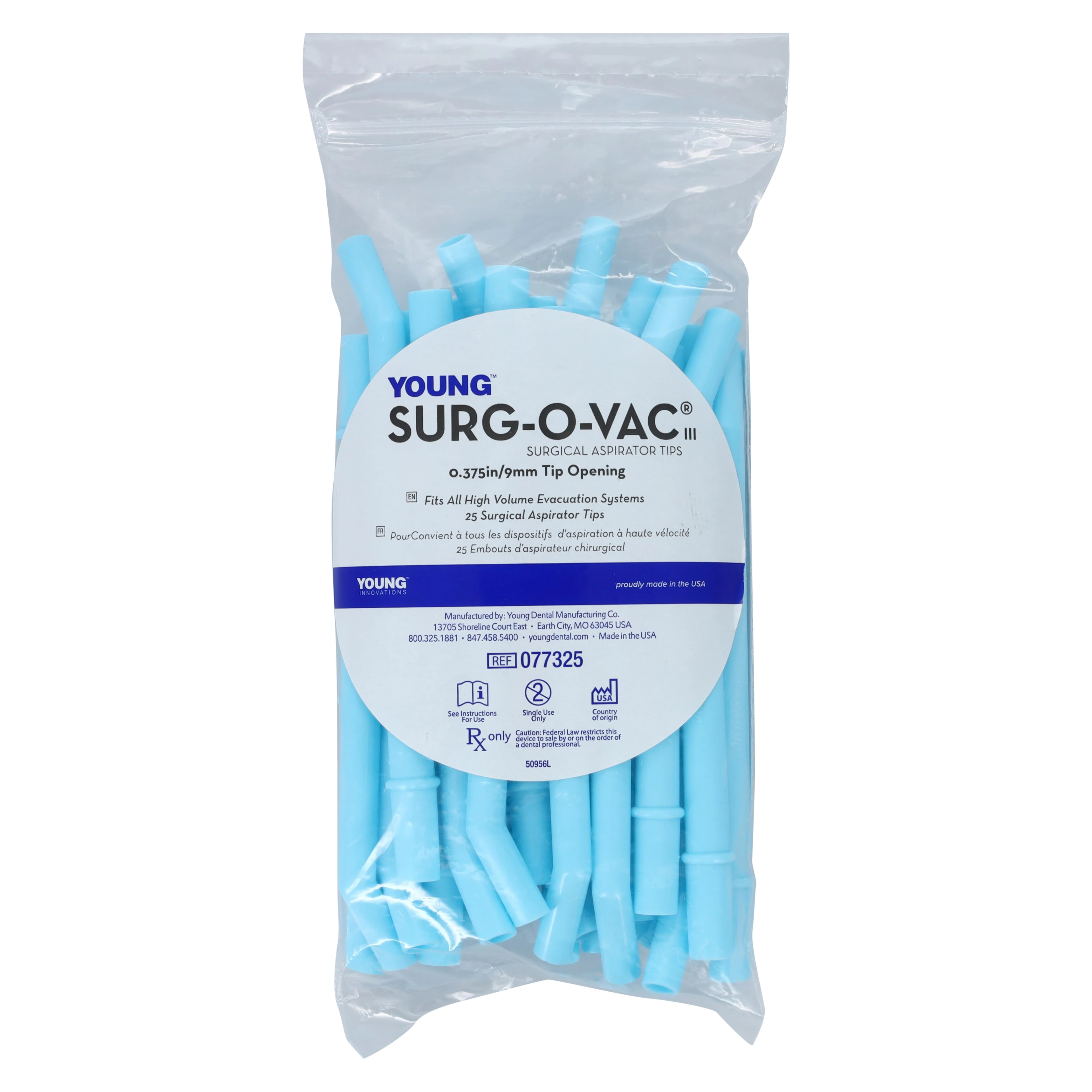 Surg-O-Vac III Surgical Aspirator Tips, Plastic, 0.375" (9 mm) Orifice, Blue, 30° Angle, 25/Pk, 077325