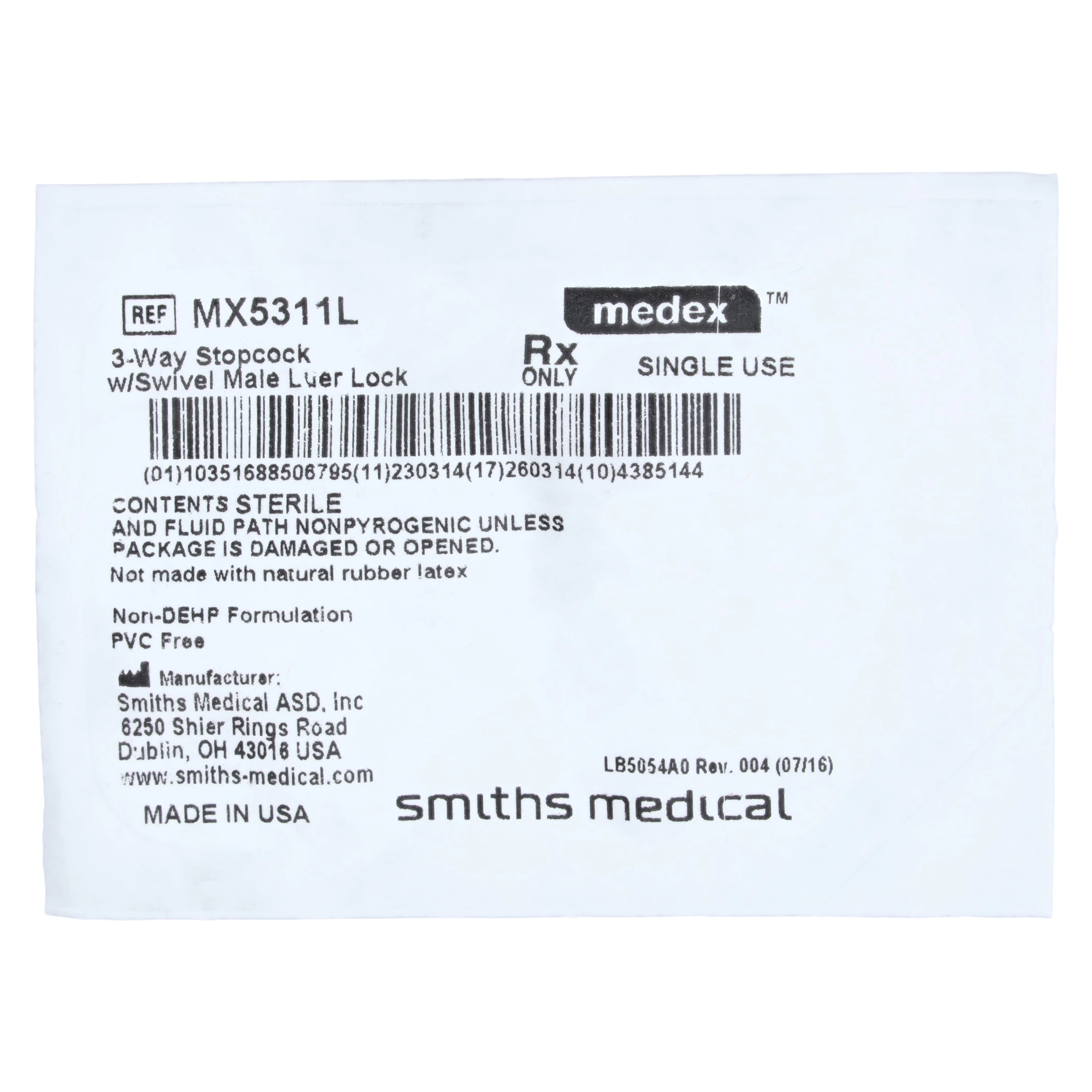 Medex 3-Way Stopcock with Swivel Male Luer Lock, Sterile, Non-DEHP/Non-PVC, Latex-Free, 50/Case