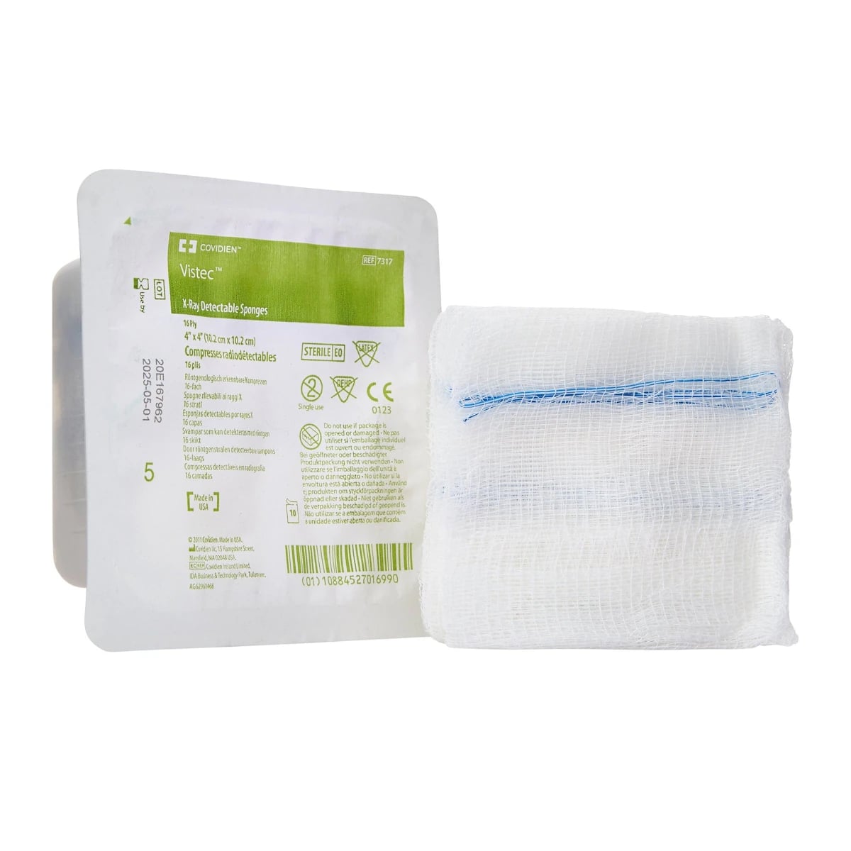 Cardinal Vistec X-Ray Detectable Cotton Gauze Sponge, Type VII, 4x4", 16-Ply, Sterile, Latex-Free