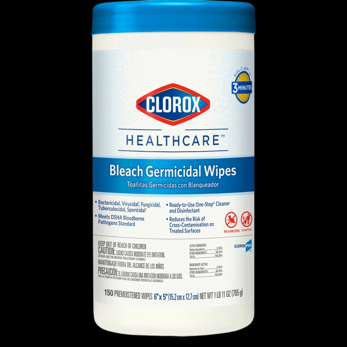 Clorox Healthcare Bleach Germicidal Wipes, 6" x 5", Canister of 150, EPA 67619-12