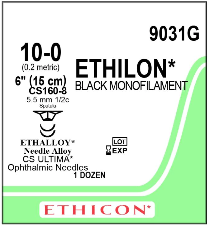 Ethicon Ethilon Nylon Suture, 10-0, Black Monofilament, CS160-8 Ultima Spatula Needle, 1/2 Circle, 6", 12/Box, 9031G