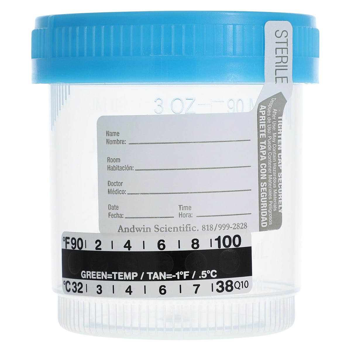 Andwin Scientific Sterile Urine Specimen Container with Temperature Strip, 3 oz, Blue Screw Cap, Clear, 400/Box