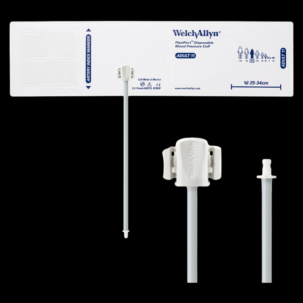 Welch Allyn FlexiPort Disposable Blood Pressure Cuff, Size 11, White/Navy Blue, Latex-Free, 20/Case