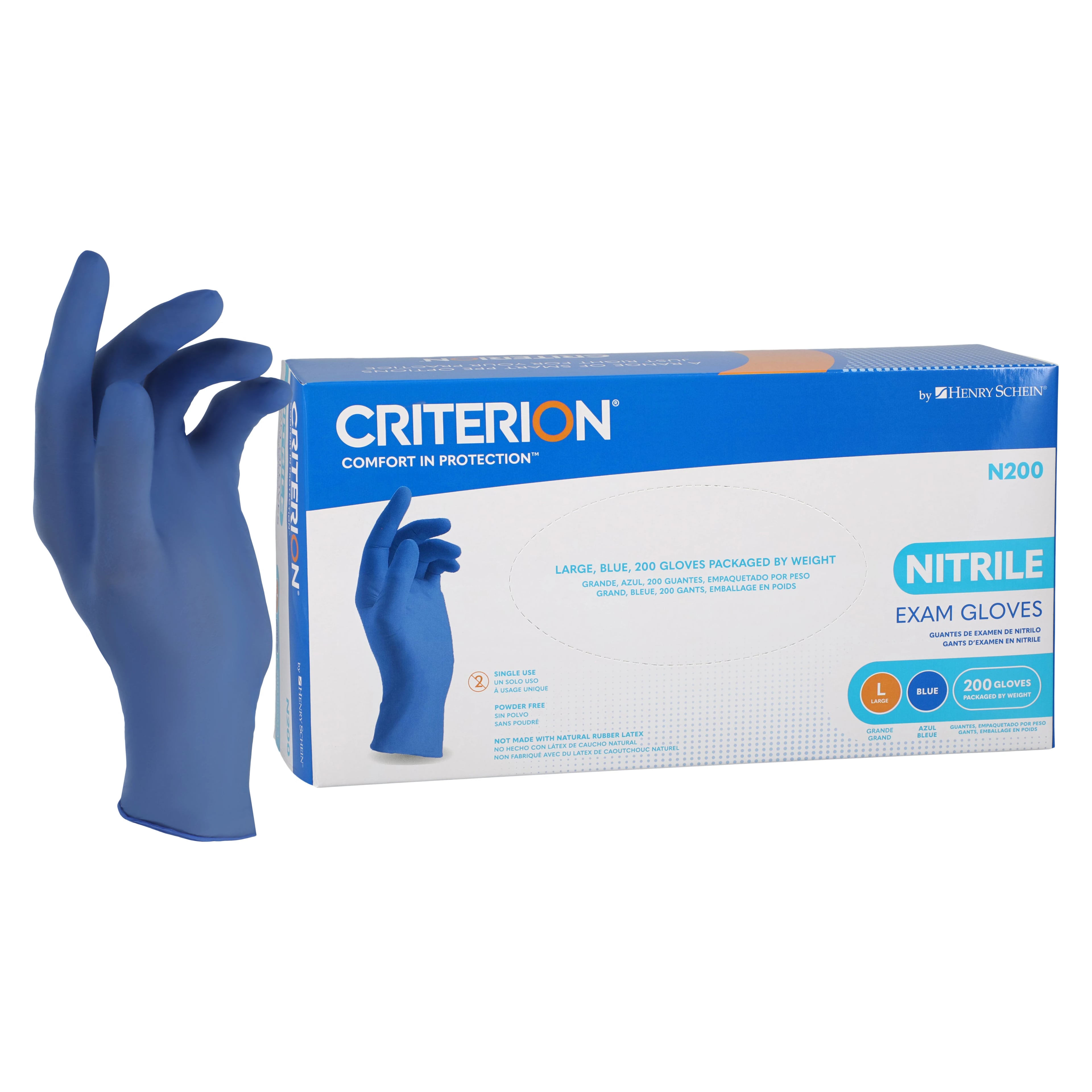 Criterion N200 Nitrile Exam Gloves, Large, Blue, Non-Sterile, 200/Box