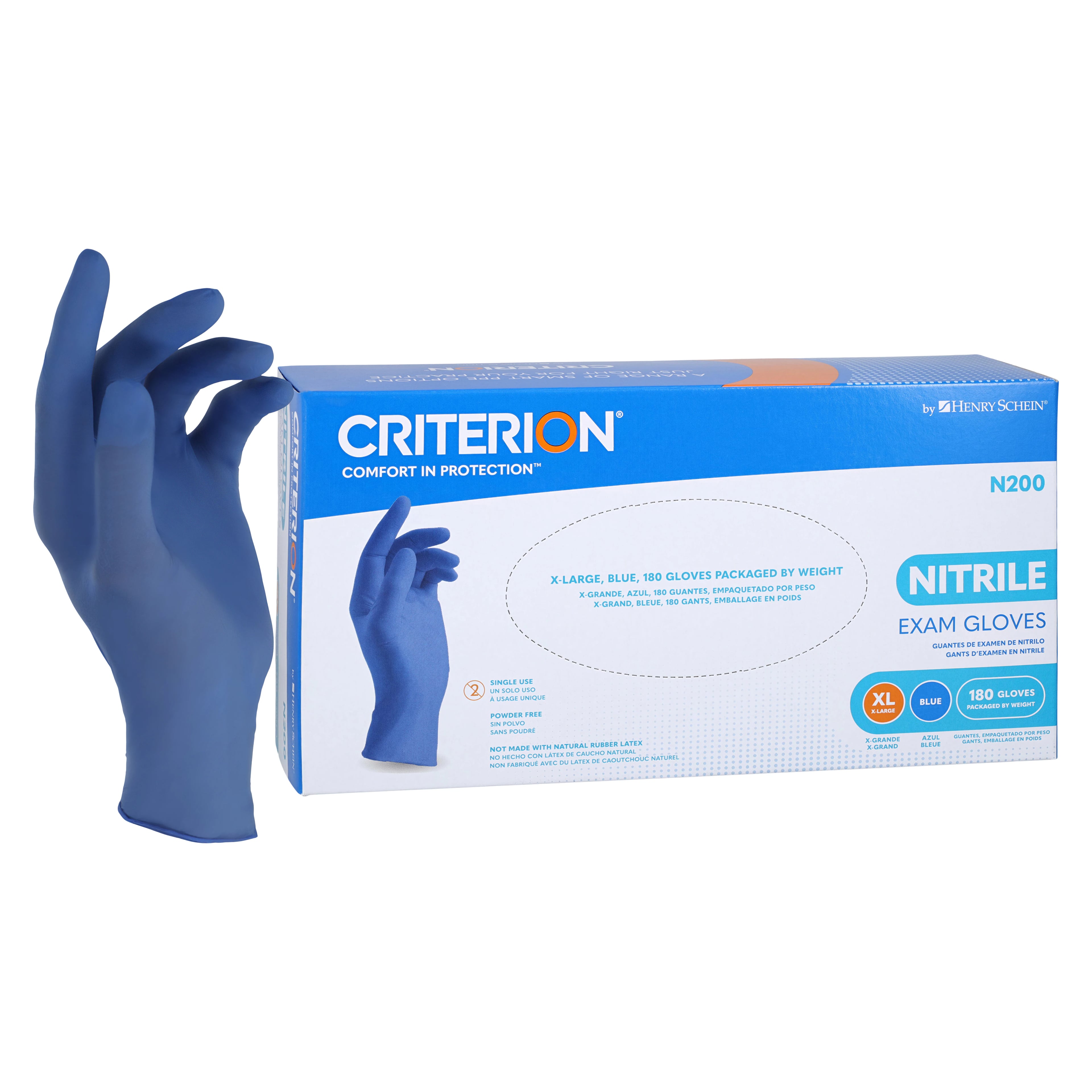 Criterion N200 Nitrile Exam Gloves, Powder Free, Non-Sterile, X-Large, Blue, 180/Box