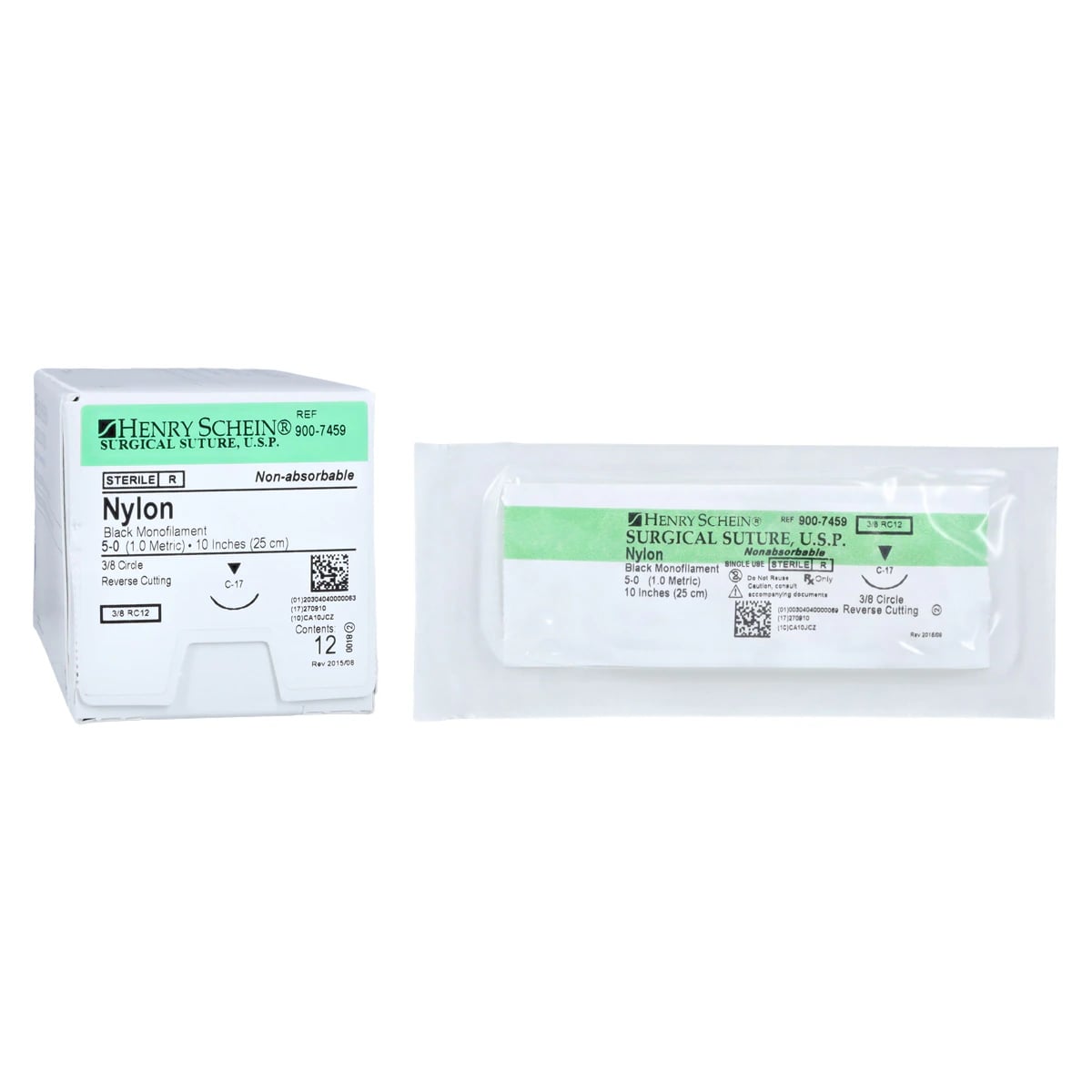 Henry Schein Black Monofilament Nylon Non-Absorbable Surgical Sutures, 5-0, 10", C-17 Precision Reverse Cutting 3/8 Circle Needle, 12/Bx