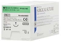 Henry Schein Black Monofilament Nylon Non-Absorbable Surgical Sutures, 4-0, 18", C-3 Precision Reverse Cutting 3/8 Circle Needle 13mm, 12/Box