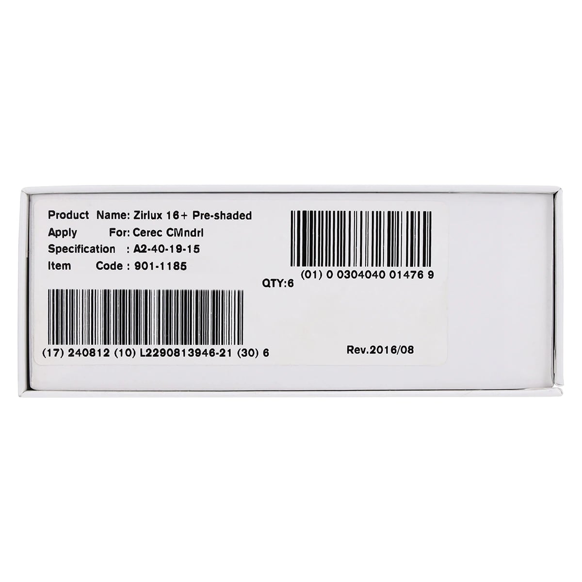 Zirlux 16+ Zirconia Block A2, 40x19x15mm, 6/Package