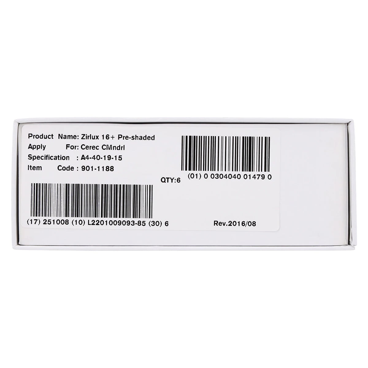 Zirlux 16+ Zirconia Block A4 40x19x15mm, 6/Package