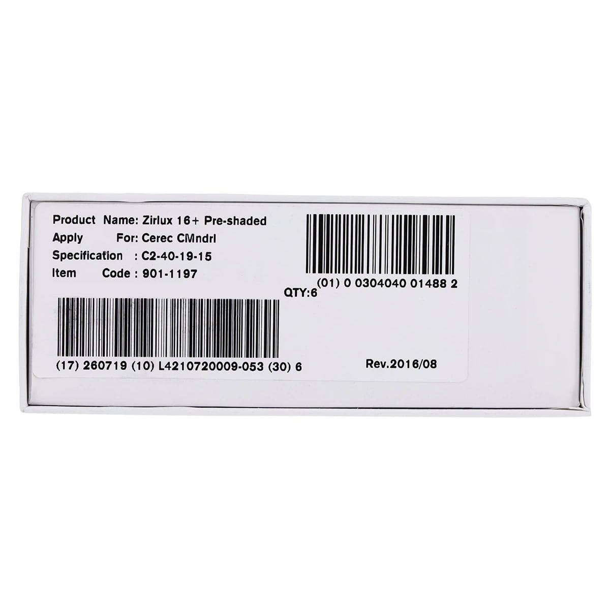 Zirlux 16+ Zirconia Block C2, 40x19x15mm, 6/Package