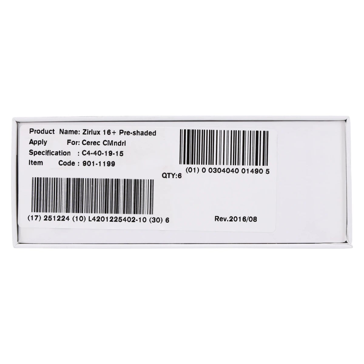 Zirlux 16+ Zirconia Block C4, 40x19x15mm, 6/Package