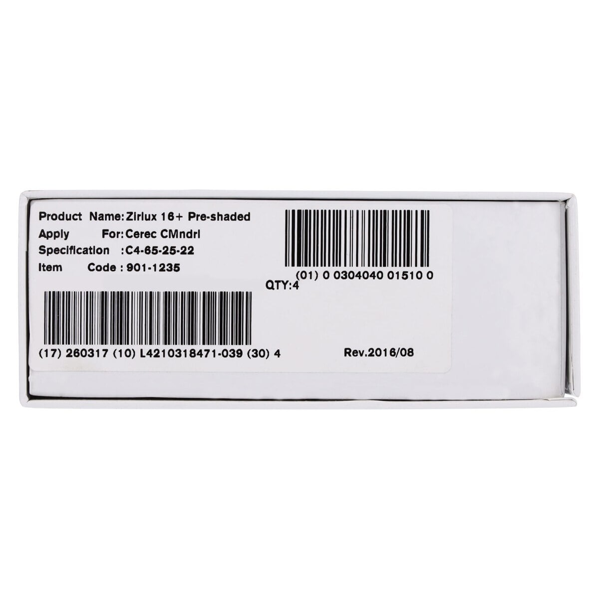 Zirlux 16+ Zirconia Block C4 65x25x22, 4/Package