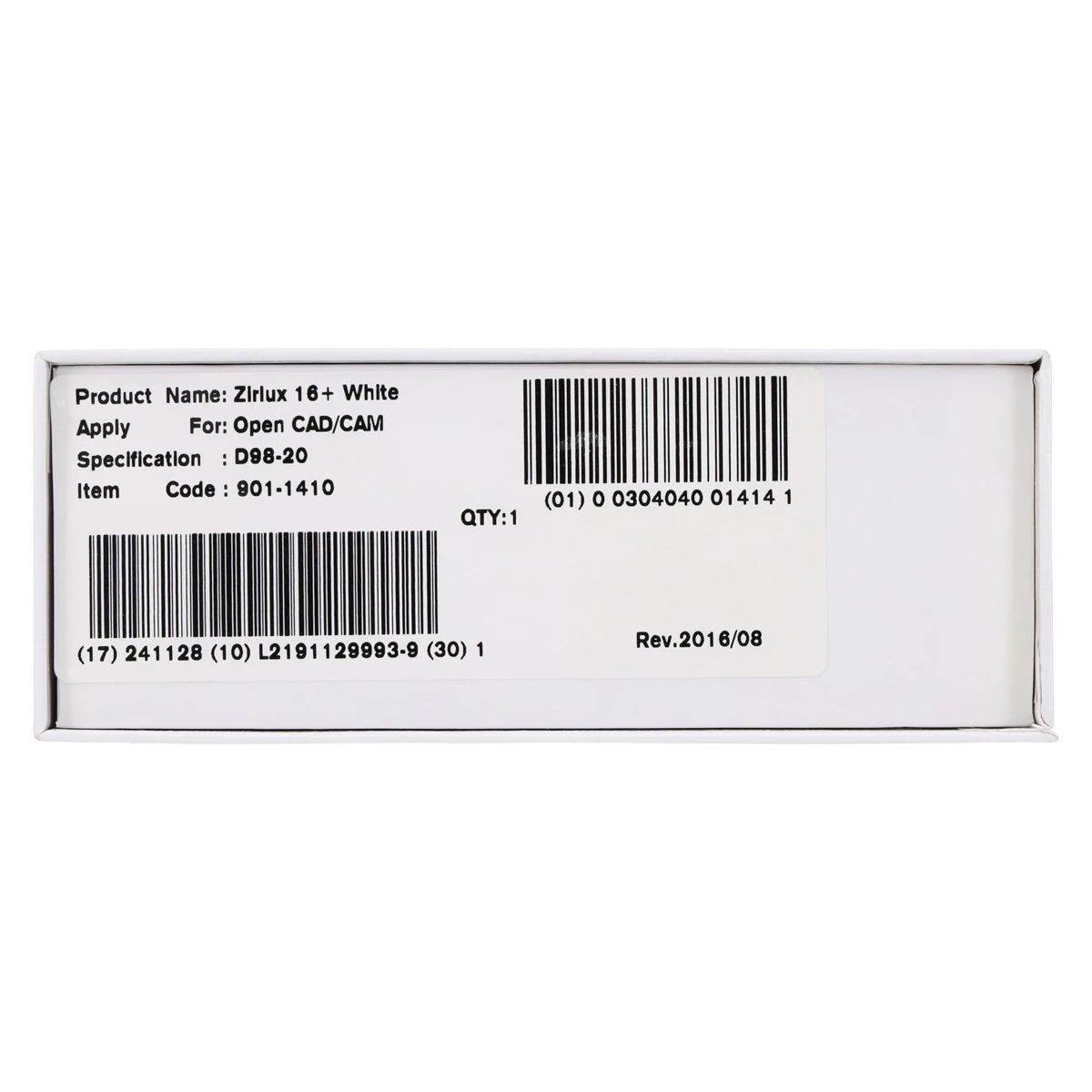 Zirlux 16+ White Zirconia Disc, 98.5x20mm, Each