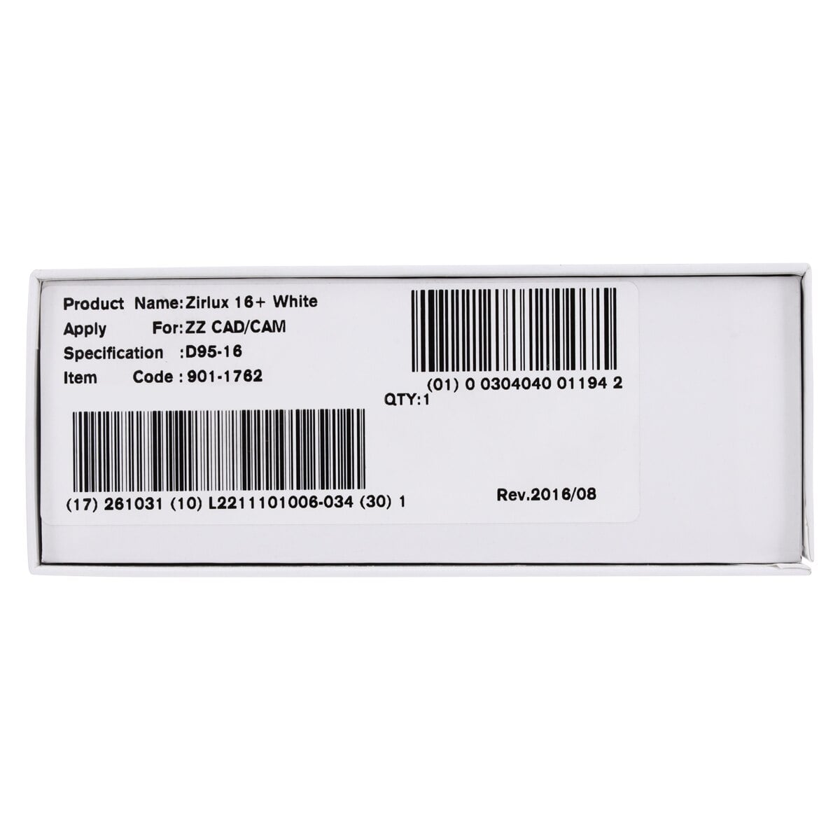 Zirlux 16+ White Zirconia Disc, 95x16mm, Each