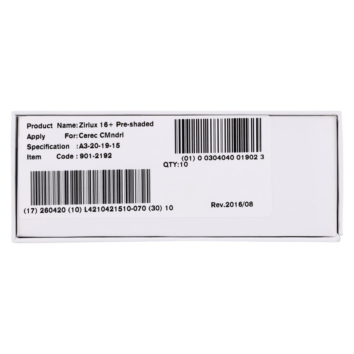 Zirlux 16+ Zirconia Block A3, 20x19x15mm, Each