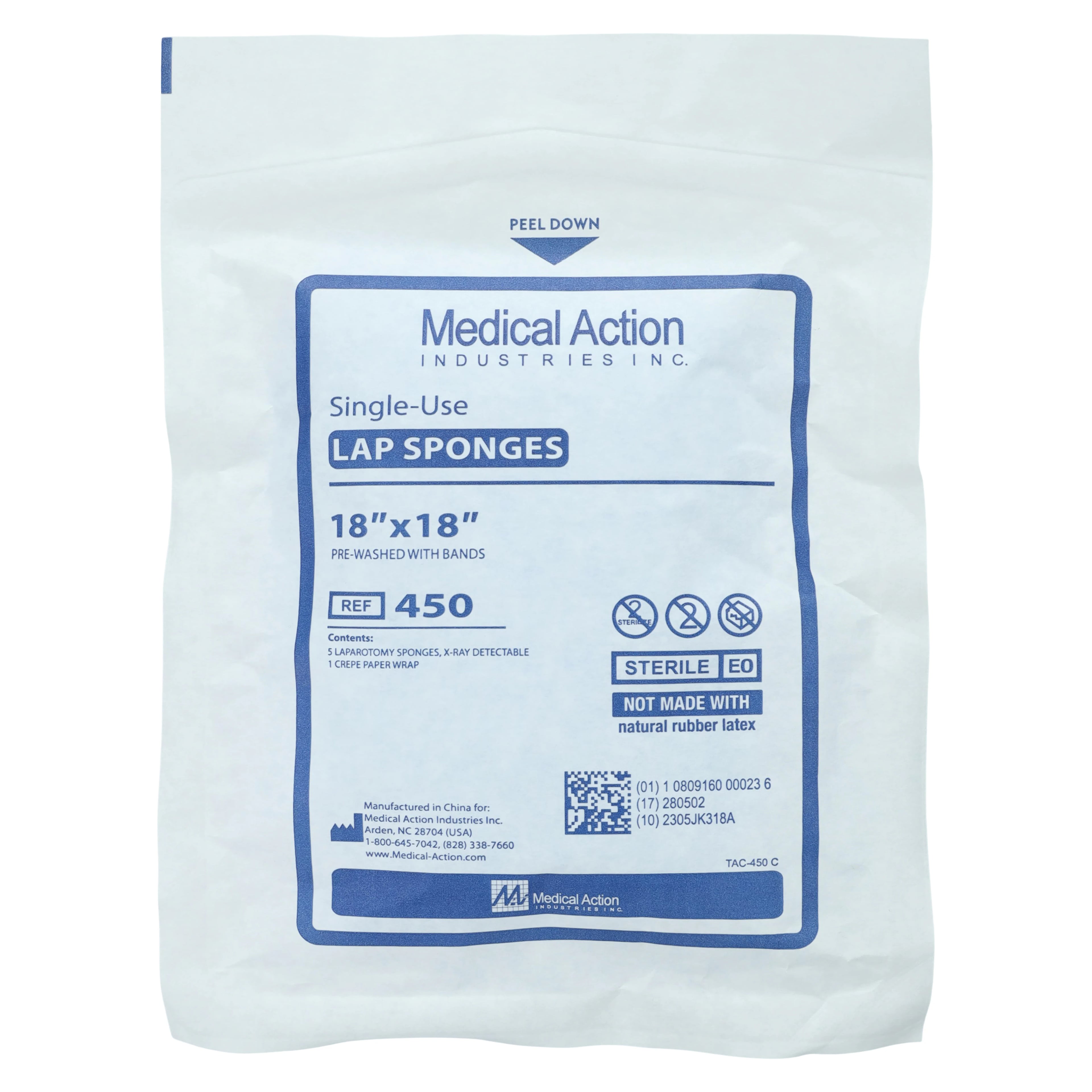 Medical Action Industries Pre-Washed Laparotomy Sponge, 18x18", Sterile, X-Ray Detectable, White