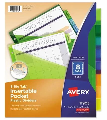 Avery Pocket 8-Tab Plastic Dividers, Big Tab, Insertable, Multicolor, 24/Box