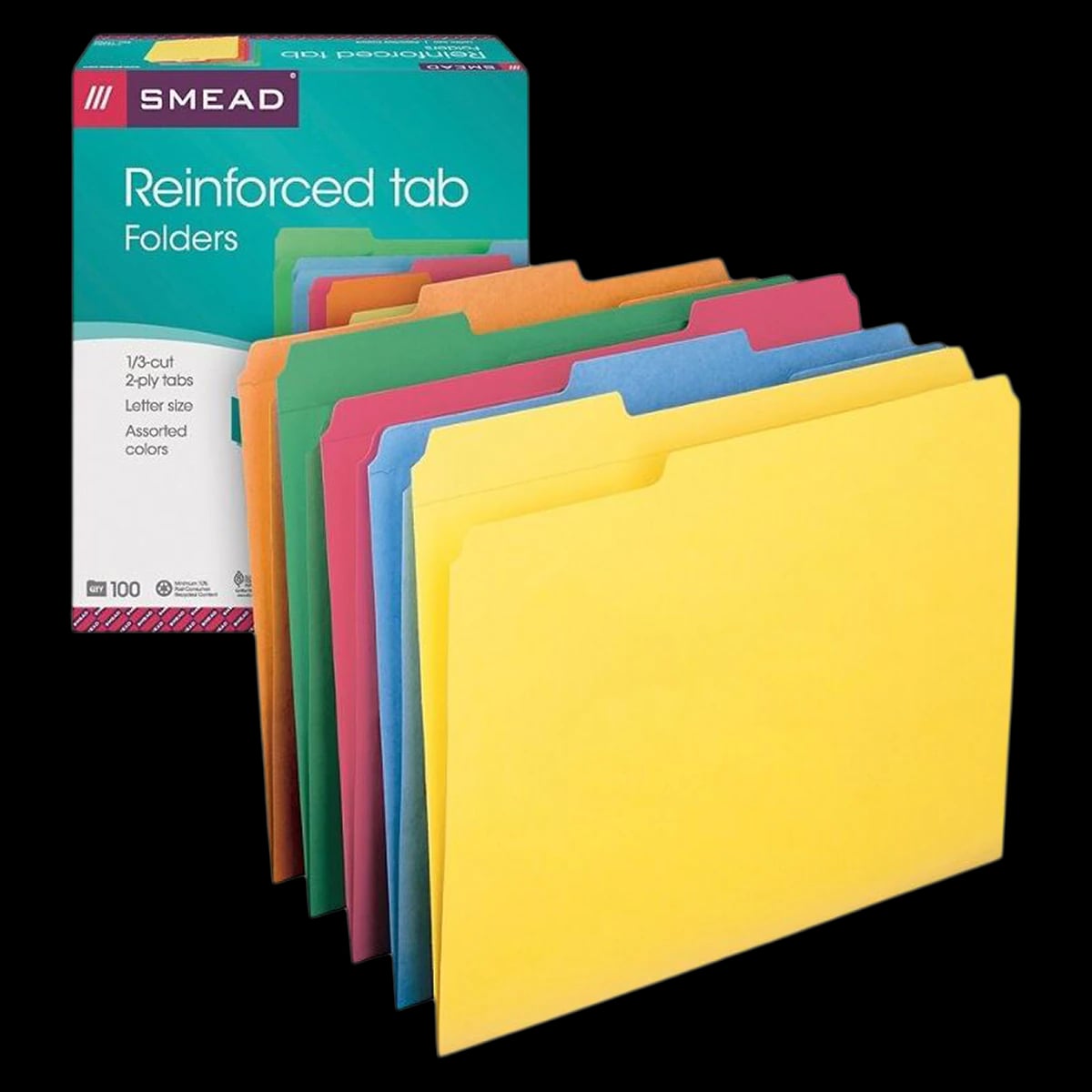 Smead Color File Folder, Letter Size, 1/3 Cut Tab, Assorted Colors, 100/Box