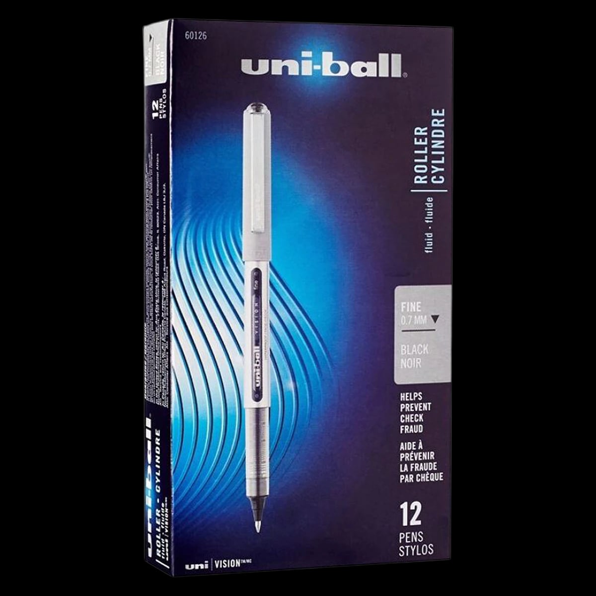 Uni-Ball Vision Rollerball Pen, Fine Point 0.7mm, Black Ink, 12/Pack