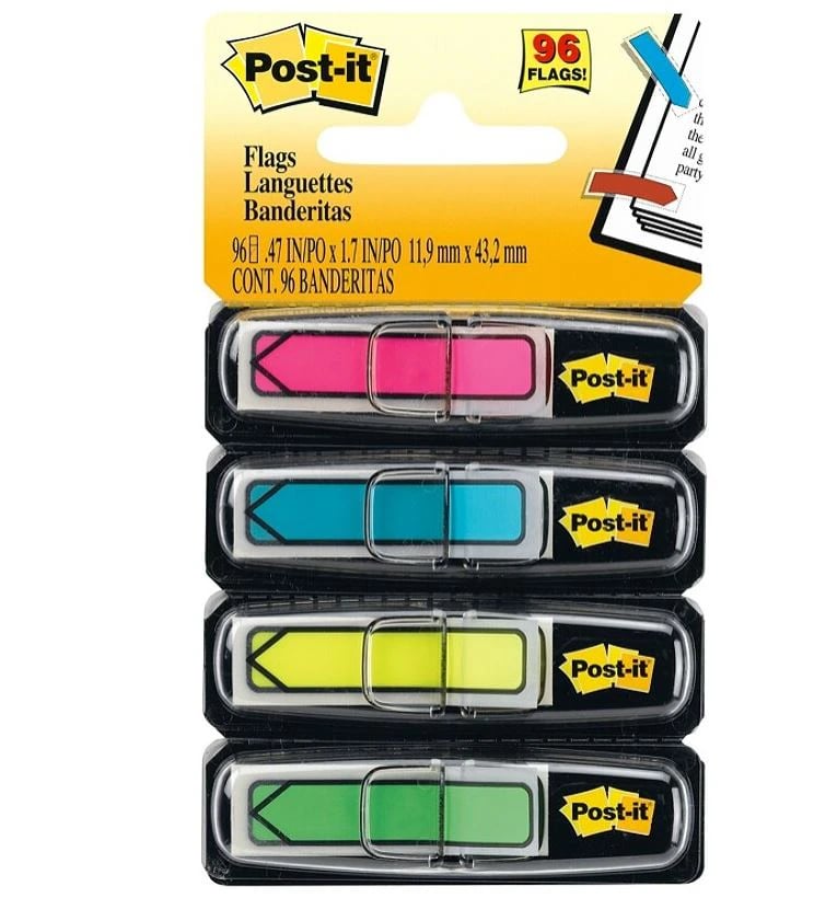 Post-It Flag Bright Assorted, Arrow Flags, 1/2 in, Bright Colors, 24 Flags/Pad, 4/Pack, 96/Package