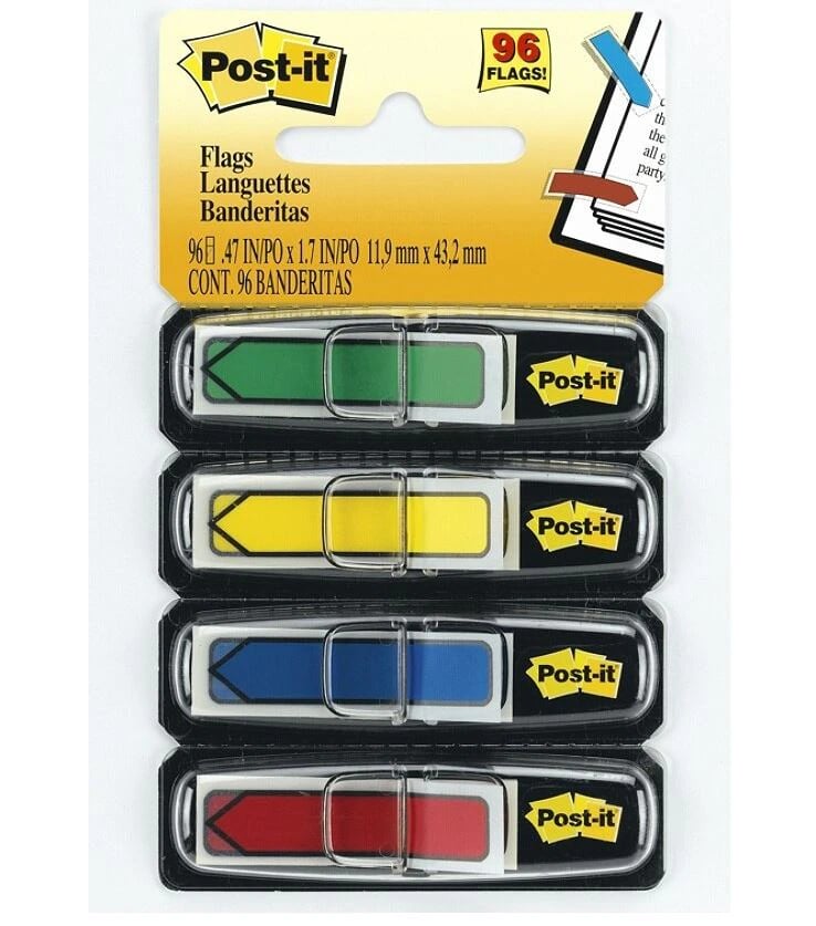 Post-it Arrow Flags, 1/2 in, Primary Colors, 24 Flags/Pad, 4 Pads/Pack, 96 Flags/Package