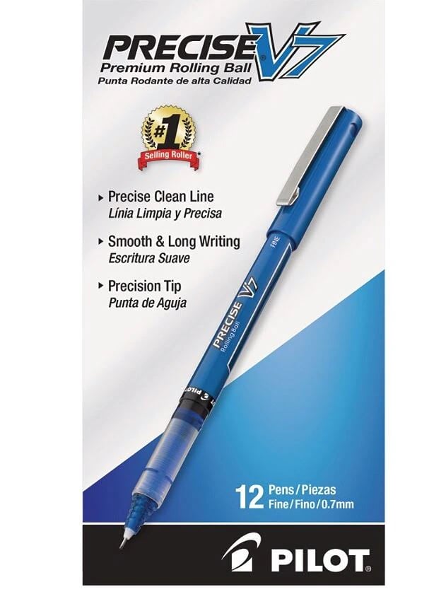 Pilot Precise V7 Rollerball Pens, Fine Point 0.7mm, Blue, 12/Pack