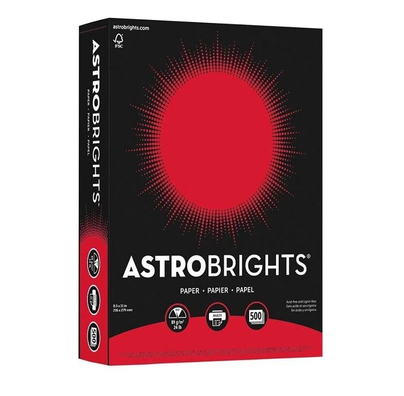 Wausau Papers Astrobrights Paper Letter, 8.5 x 11 in, 24 Lb, Re-Entry Red, Recycled, 500/Pk