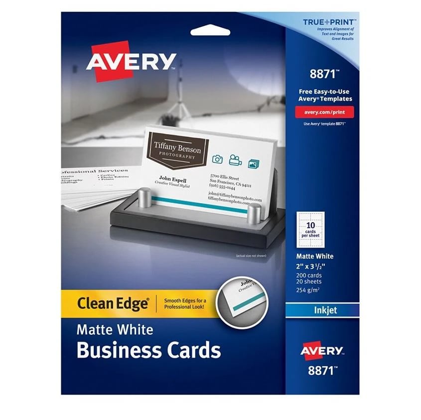 Avery Clean Edge Business Cards, 2-Sided, 2" x 3-1/2", White Matte, 200/Pack