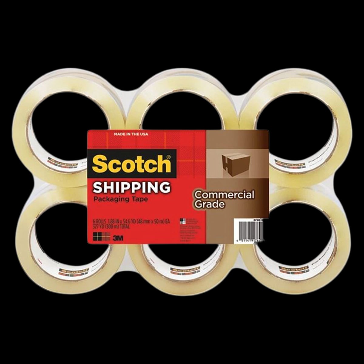 3M 3750 Packaging Tape, Clear, 1 7/8 in x 54.6 Yd, 6/Pack