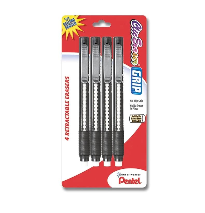 Pentel Clic Eraser, Black Barrel, 4/Pack