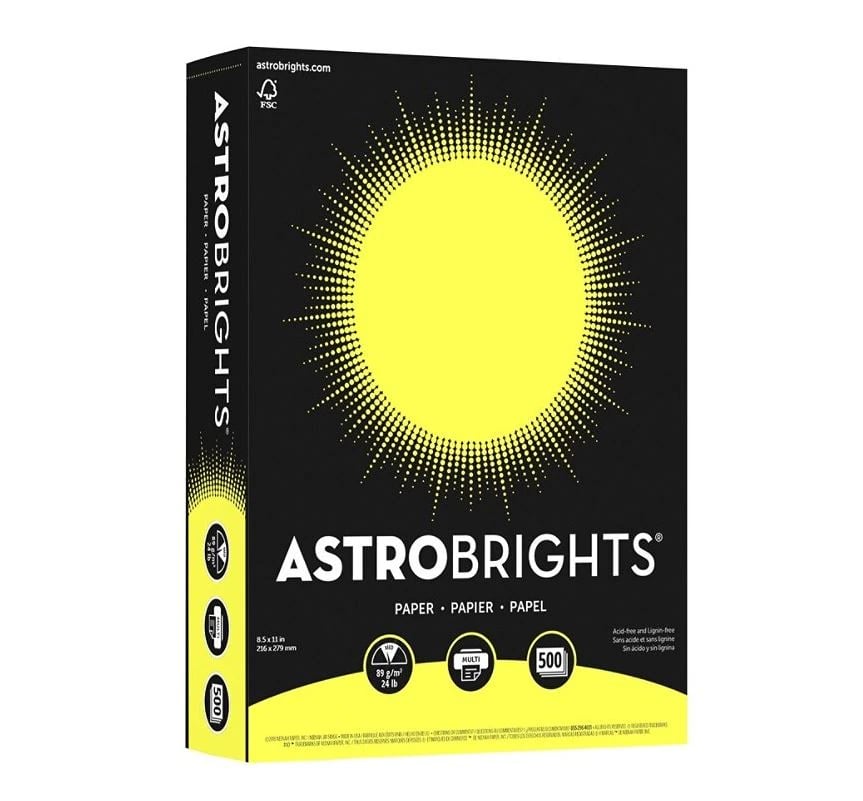 Wausau Papers Astrobrights Letter Paper, 8.5 x 11 in, 24 lb, Lift-Off Lemon, 500/Pk