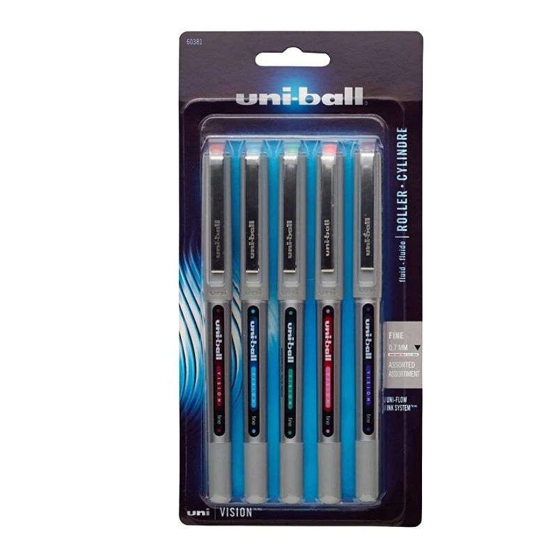 uni-ball Vision Rollerball Pen, Fine Point 0.7 mm, Assorted Colors, 5/Pack