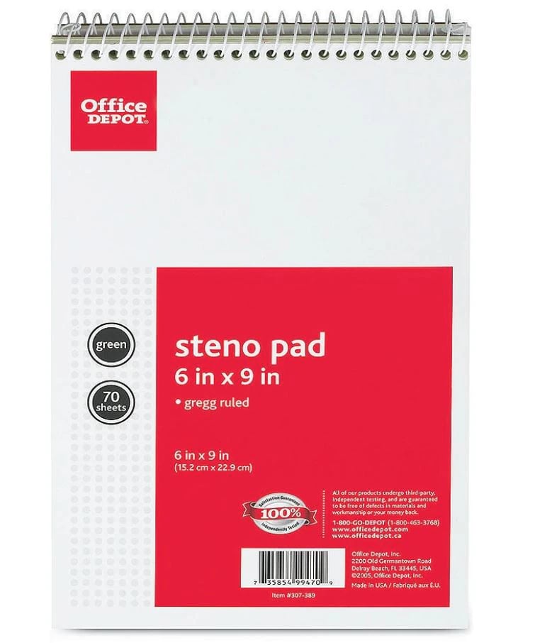 Office Depot Steno Book, 6" x 9", Gregg Ruled, 70 Sheets, Green Tint, 01KT0J0A4BX54QD7FJXP252ZRC