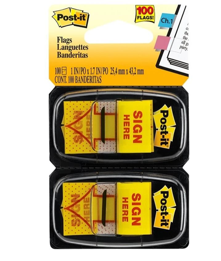 3M Flag Tape "Sign Here", 1 in x 1.7 in, Yellow, 50 Flags/Pad, 2 Pads/Pack