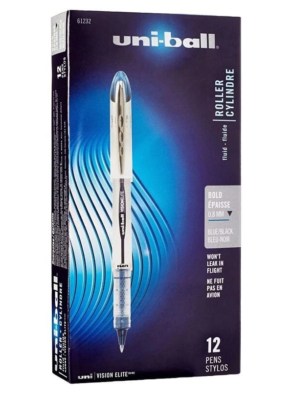 uni-ball Vision Elite Rollerball Pen, Bold Point 0.8 mm, Black Ink, 12/Pack